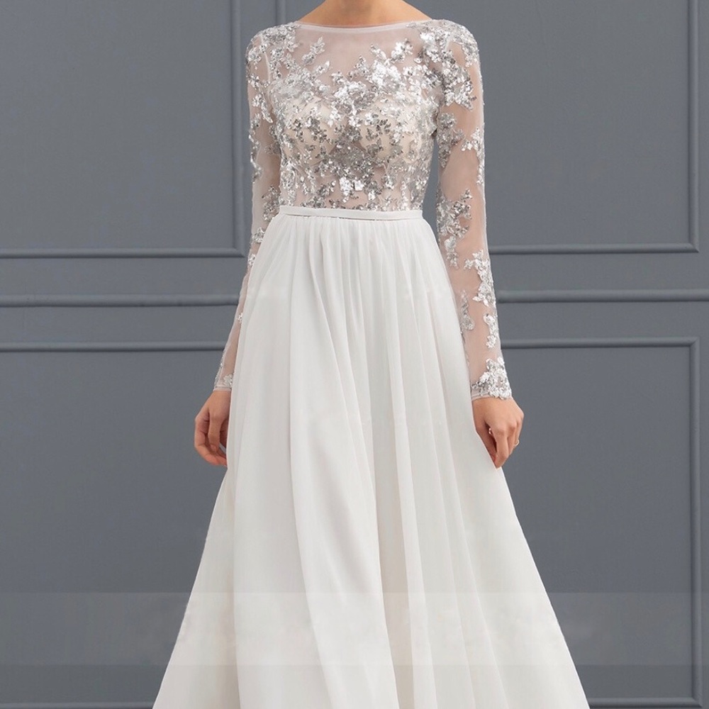 Sequin top, A-line wedding gown with chiffon skirt